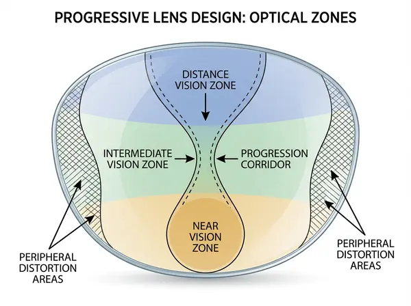 Educational diagram of progressive lens showing distance, intermediate, and near vision zones with corridor width illustration Educational diagram of progressive lens showing distance, intermediate, and near vision zones with corridor width illustration