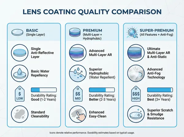 Three-tier comparison chart showing basic, premium, and super-premium eyeglass lens coating options with features Three-tier comparison chart showing basic, premium, and super-premium eyeglass lens coating options with features