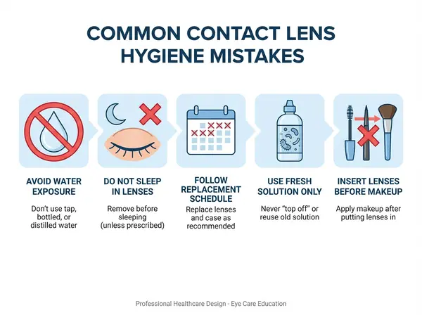 Contact lens hygiene mistakes to avoid - water exposure, overnight wear, extending replacement schedules infographic