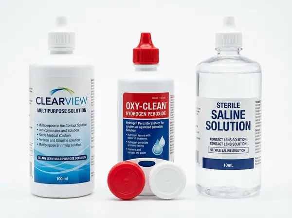 Contact lens solution types comparison - multipurpose, hydrogen peroxide, and saline solutions