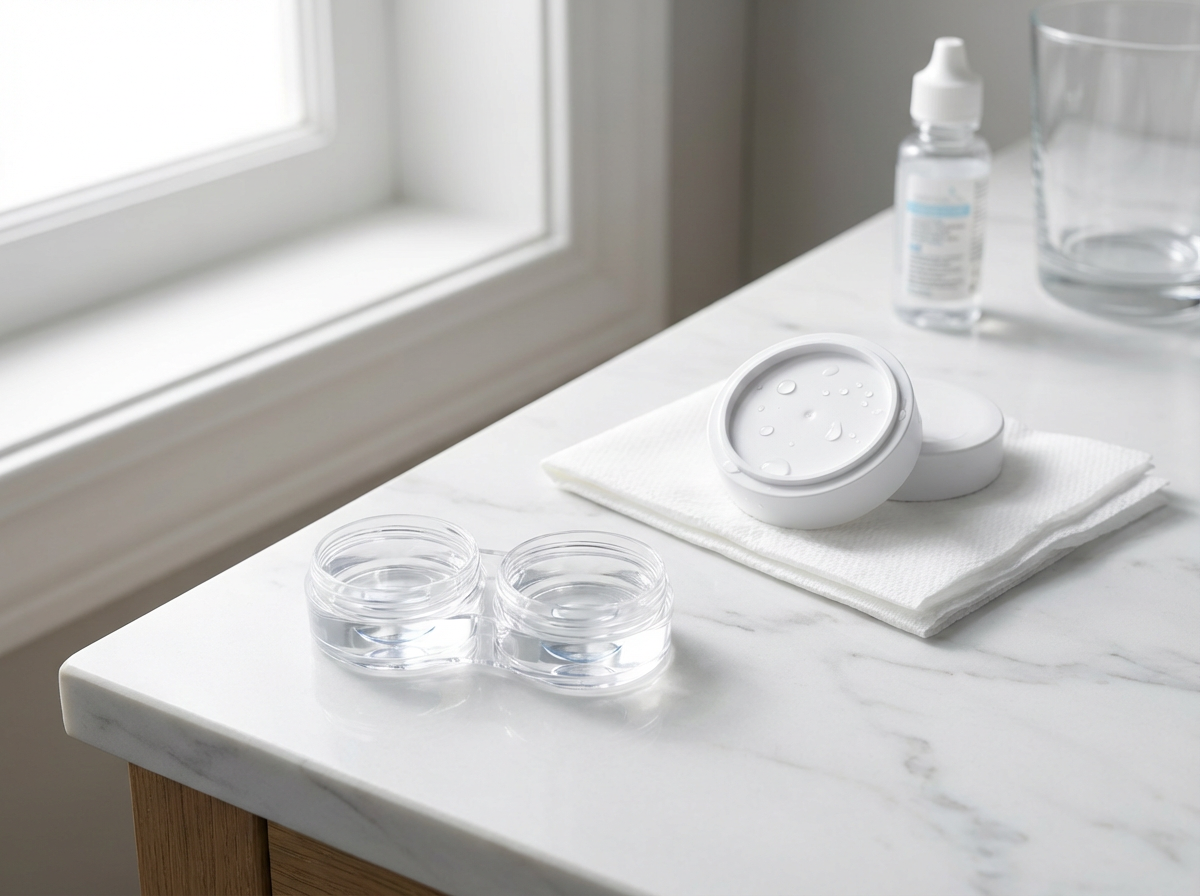 Proper contact lens case storage with fresh solution and correct drying method