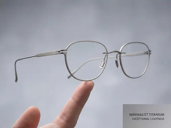 Ultra-lightweight titanium eyeglasses balanced on fingertip demonstrating minimal weight for all-day comfort Ultra-lightweight titanium eyeglasses balanced on fingertip demonstrating minimal weight for all-day comfort