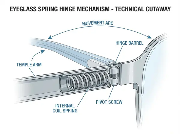 Technical illustration of spring hinge mechanism in eyeglass frame showing internal spring and movement range Technical illustration of spring hinge mechanism in eyeglass frame showing internal spring and movement range
