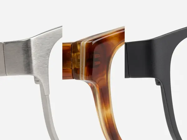 Side-by-side comparison of titanium, acetate, and stainless steel eyeglass frame materials with texture detail Side-by-side comparison of titanium, acetate, and stainless steel eyeglass frame materials with texture detail