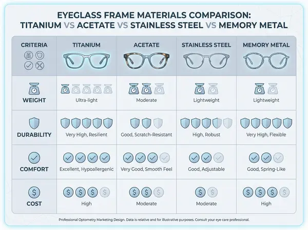 Visual infographic comparing eyeglass frame materials by weight, durability, hypoallergenic properties, and price range Visual infographic comparing eyeglass frame materials by weight, durability, hypoallergenic properties, and price range