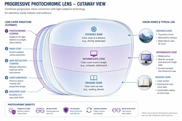 Technical cross-section illustration of progressive photochromic lens showing distance, intermediate, and reading zones with adaptive tint layer