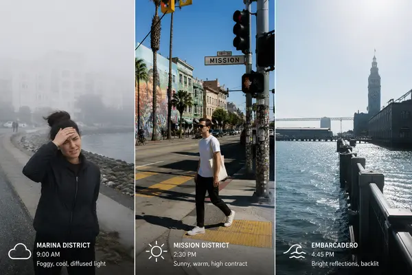 San Francisco microclimate montage showing fog at Ocean Beach, sunshine in Mission District, and glare off Bay water
