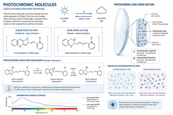 Scientific diagram showing photochromic molecules changing structure when exposed to UV light in eyeglass lenses