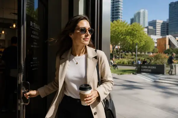  Woman wearing photochromic glasses transitioning from indoor SOMA coffee shop to bright sunny Yerba Buena Gardens showing lens adaptation