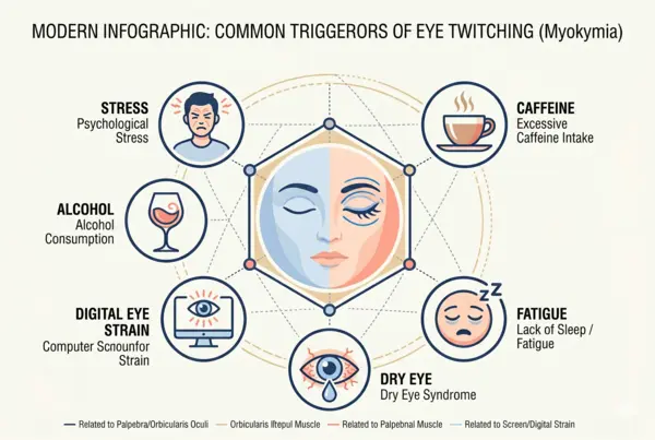 Infographic showing common eye twitching triggers including stress caffeine lack of sleep screen time and dry eyes