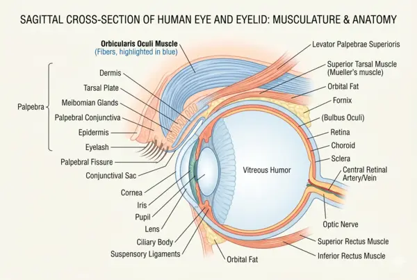 Medical illustration showing eyelid muscles and orbicularis oculi muscle anatomy explaining eye twitching mechanism