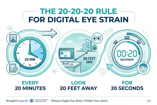 Diagram illustrating the 20-20-20 rule for preventing eye strain: look 20 feet away for 20 seconds every 20 minutes