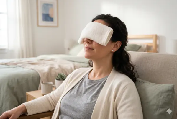 Woman applying warm compress to closed eyes to relieve eye twitching and relax eyelid muscles at home