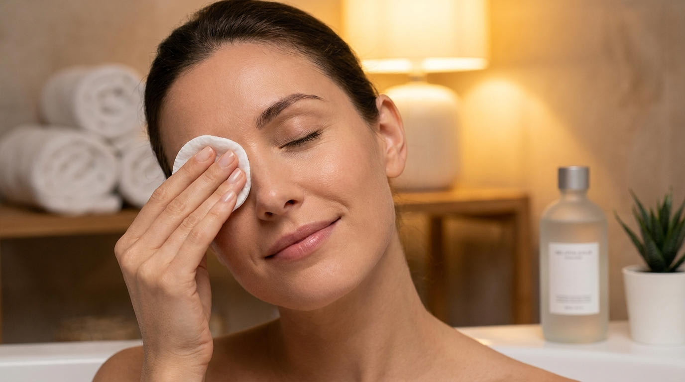 Gentle eye makeup removal with cotton pad to protect sensitive eyes