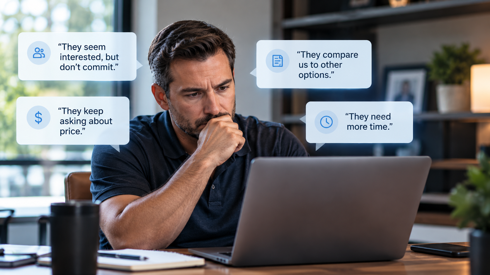 Business owner considering common customer objections and sales concerns