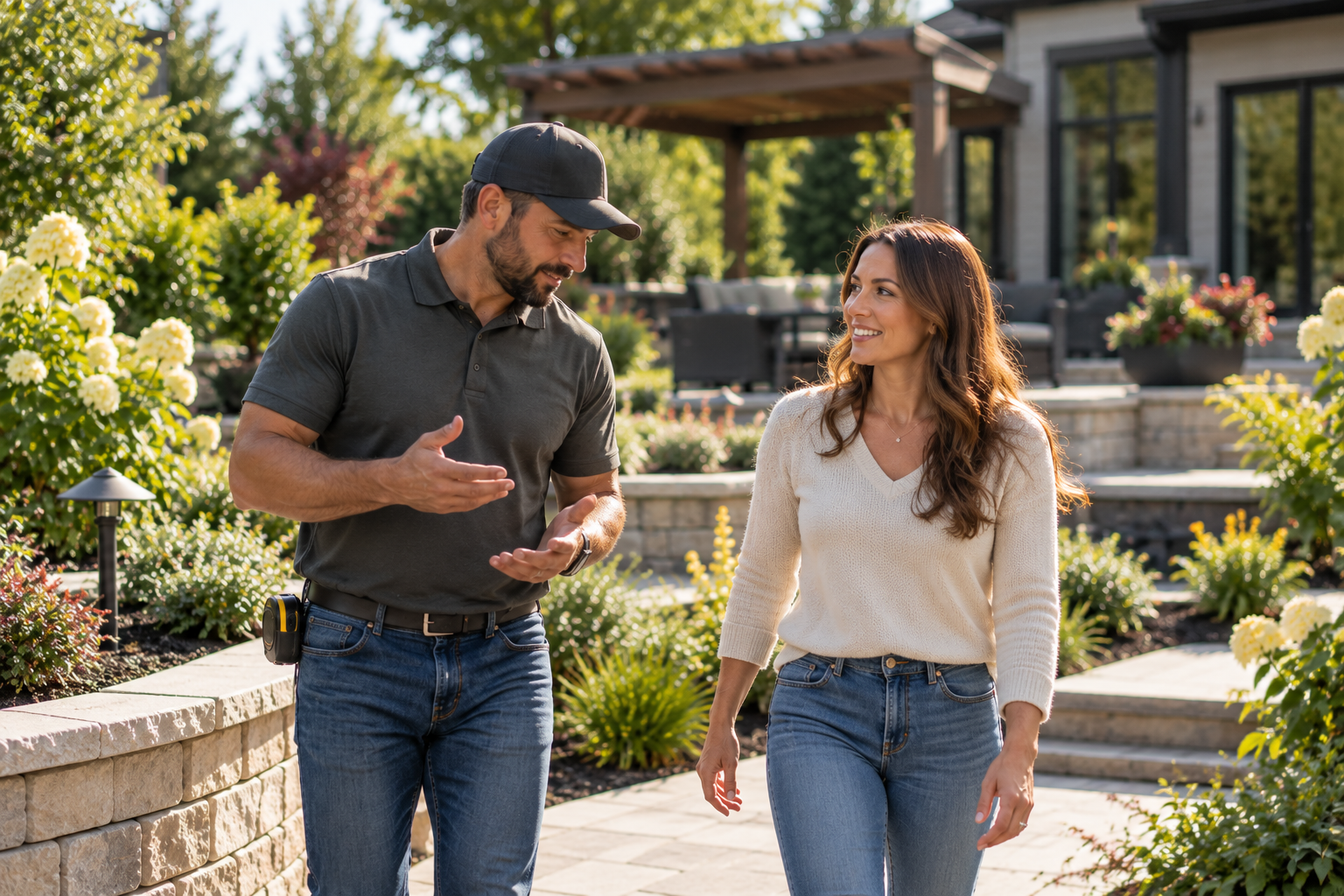 Landscaping business owner walking a customer through her completed outdoor project