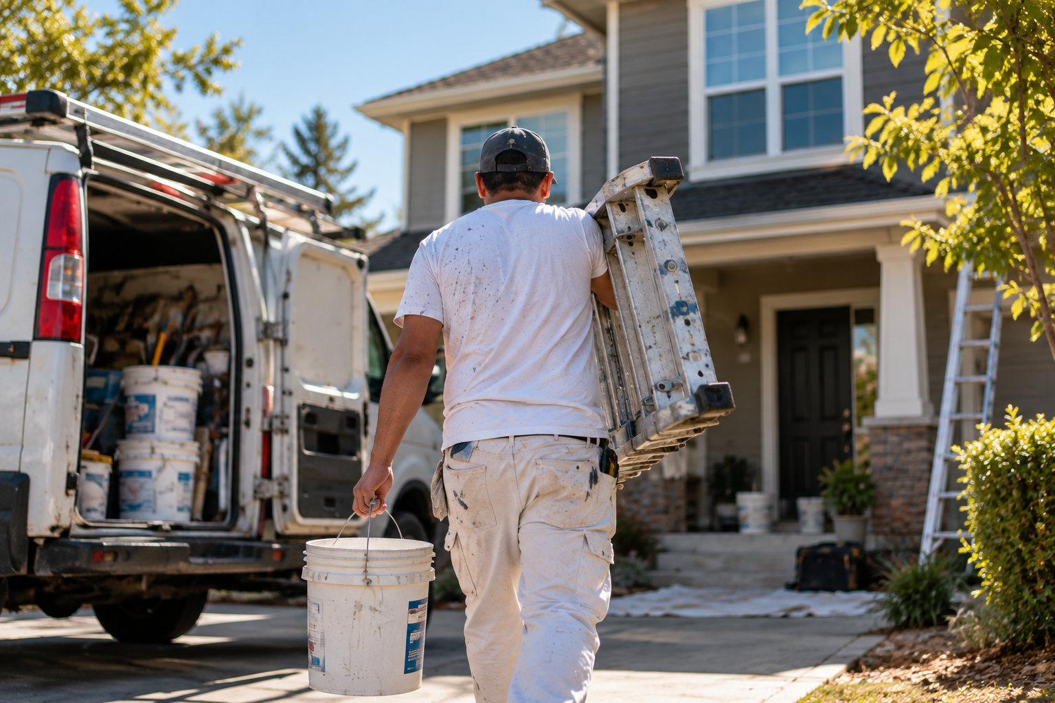 Professional painter arriving at a residential project with equipment