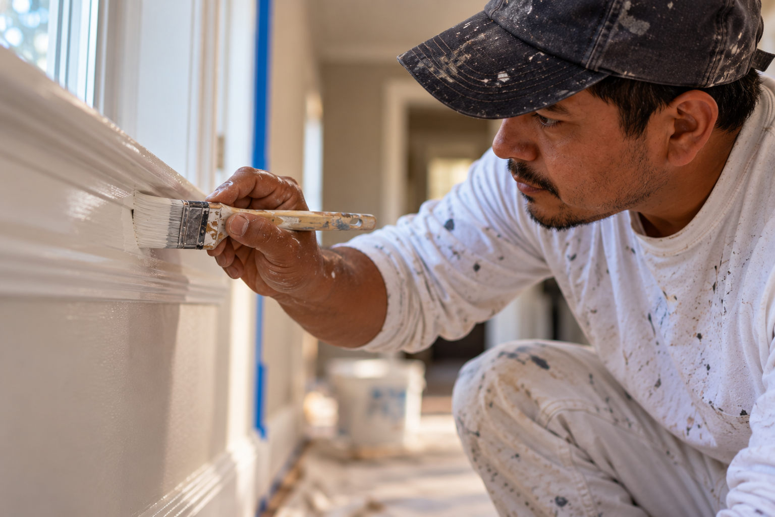 Professional painter carefully finishing detailed trim work