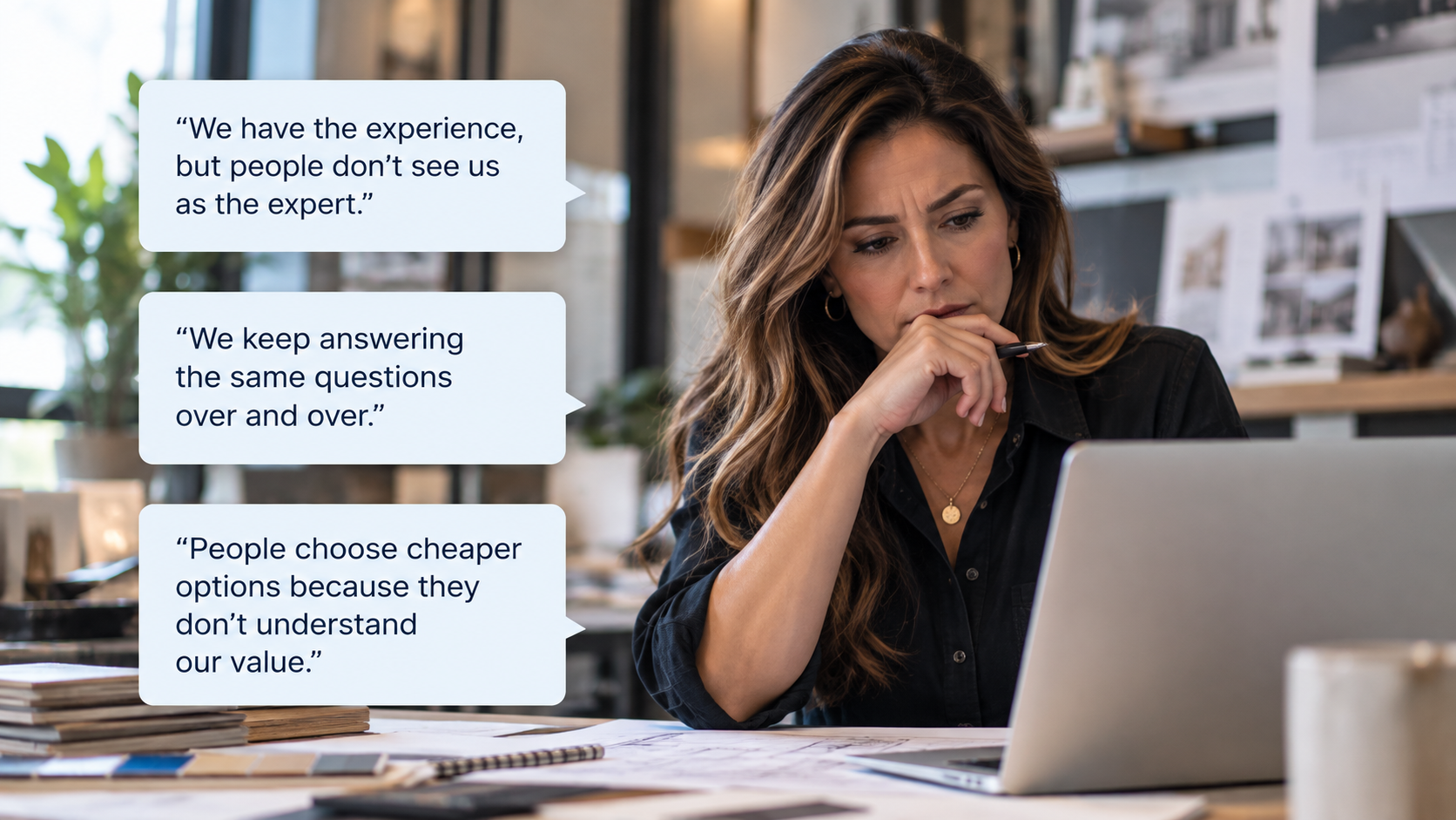 Business owner thinking about how to communicate her expertise and value