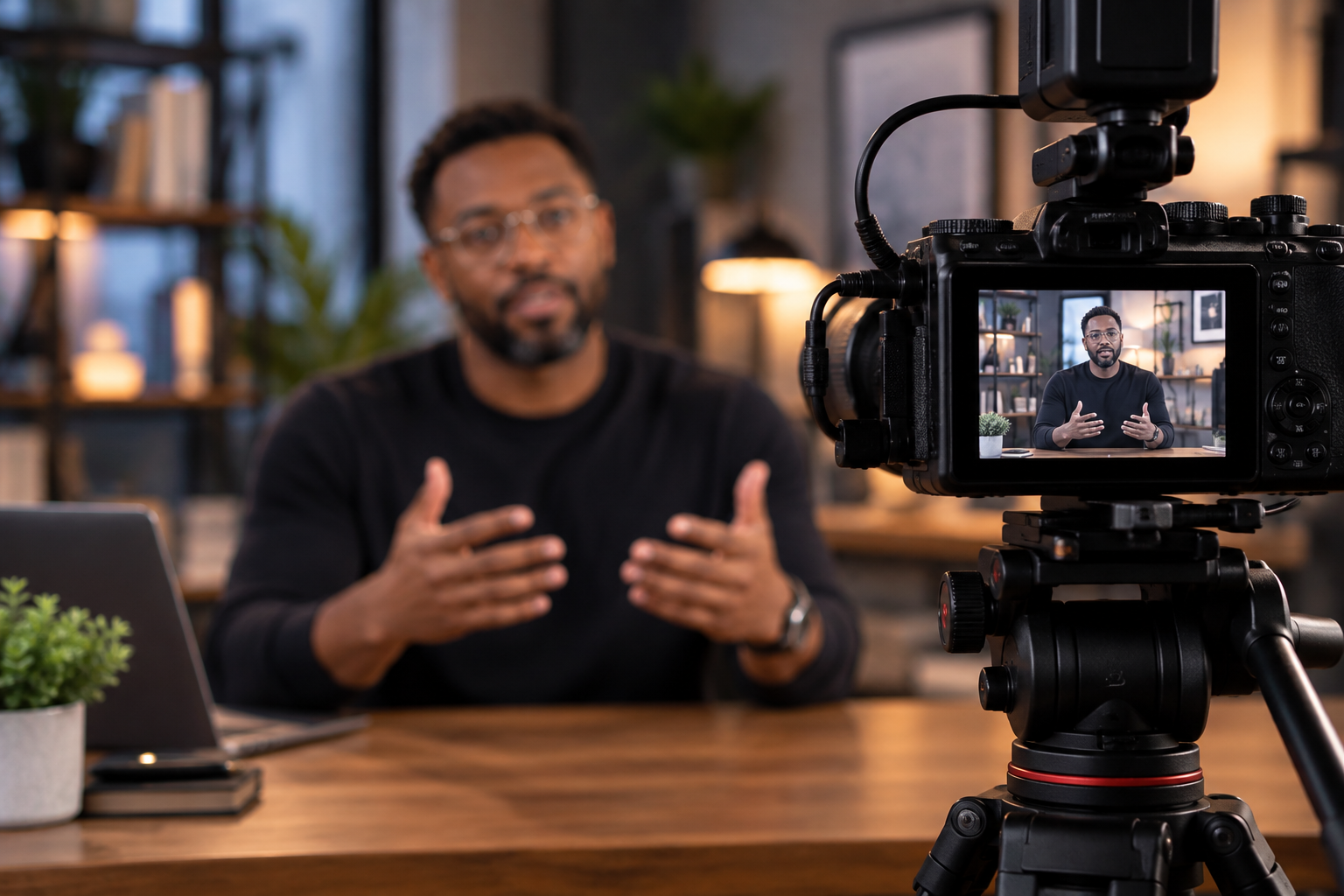 Professional speaking directly to camera during a video production