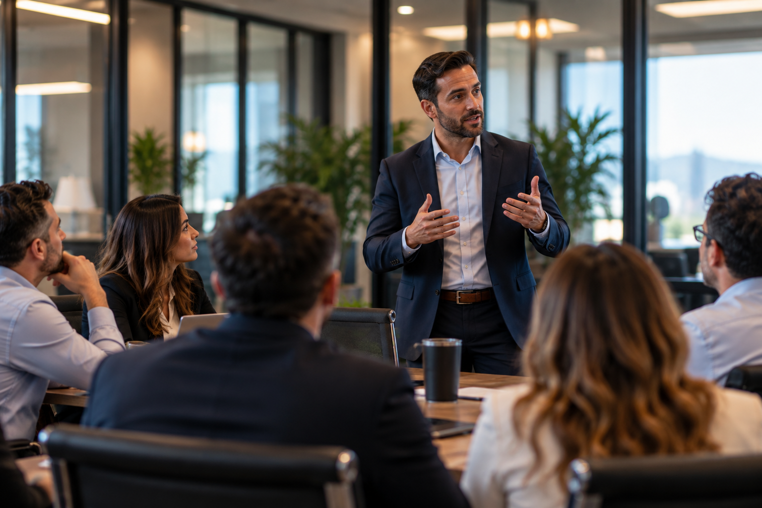 Business leader training his team during a corporate meeting