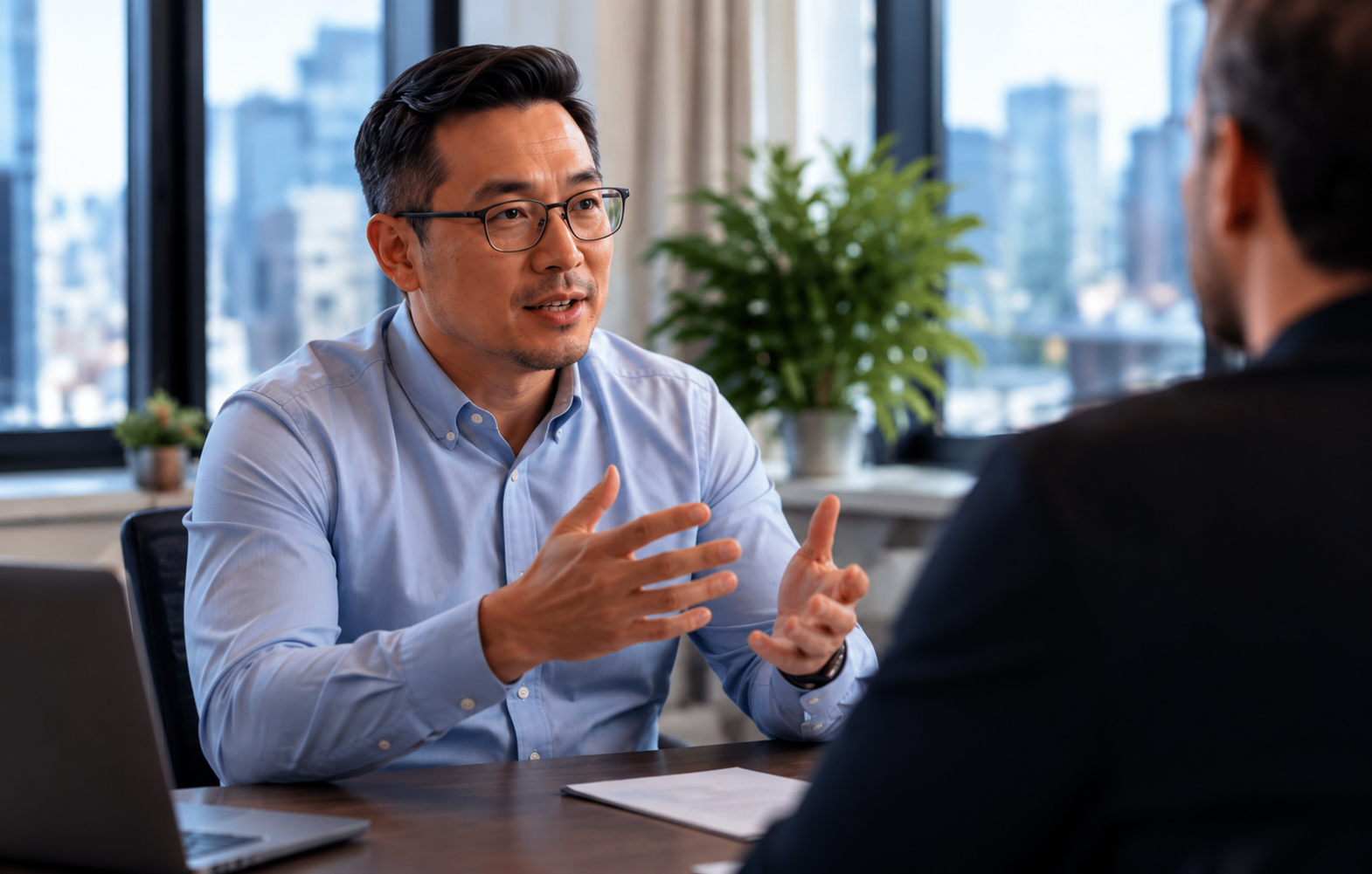Business professional sharing expertise during an interview