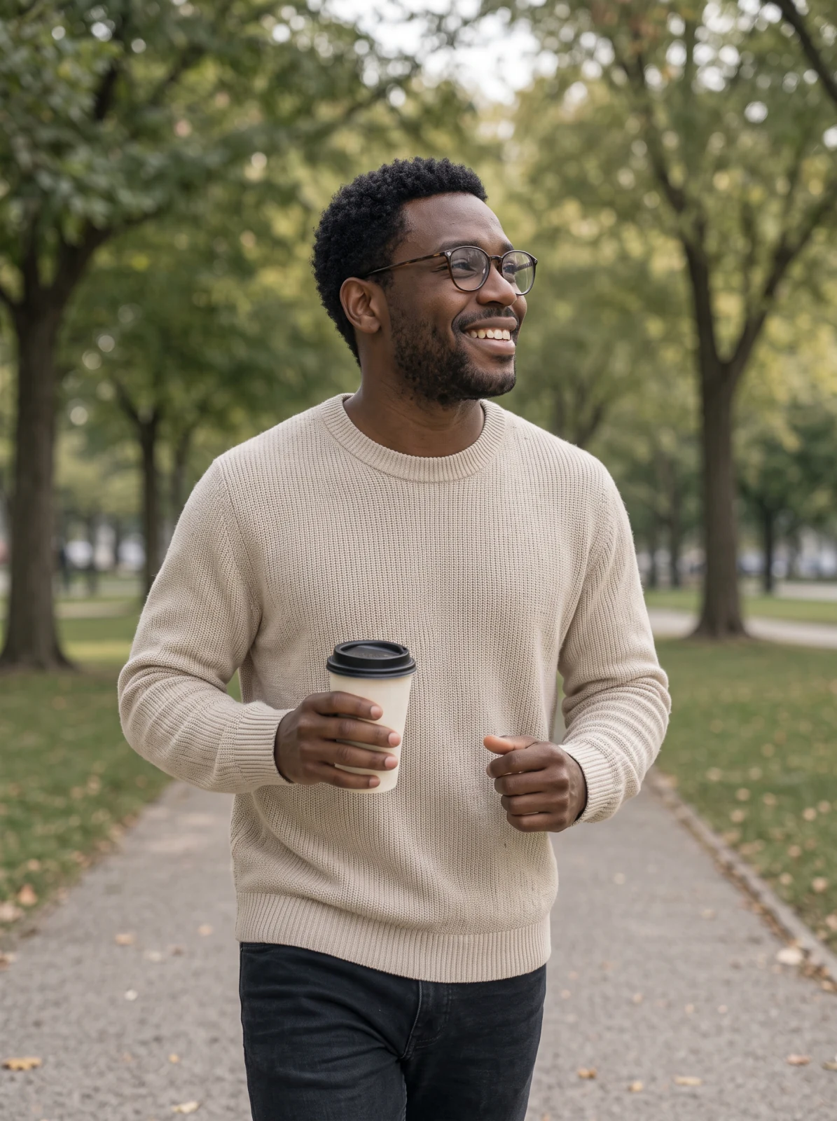 A man with a coffee smiling on a walk through a park