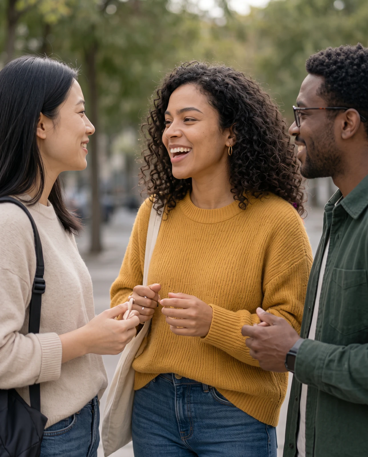 Three friends talking and laughing on a tree-lined street