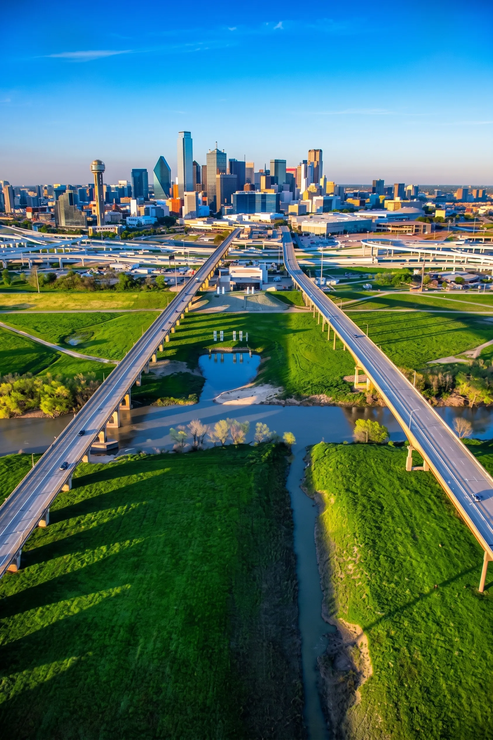Houston downtown skyline with glass towers and a highway overpass under a clear blue sky