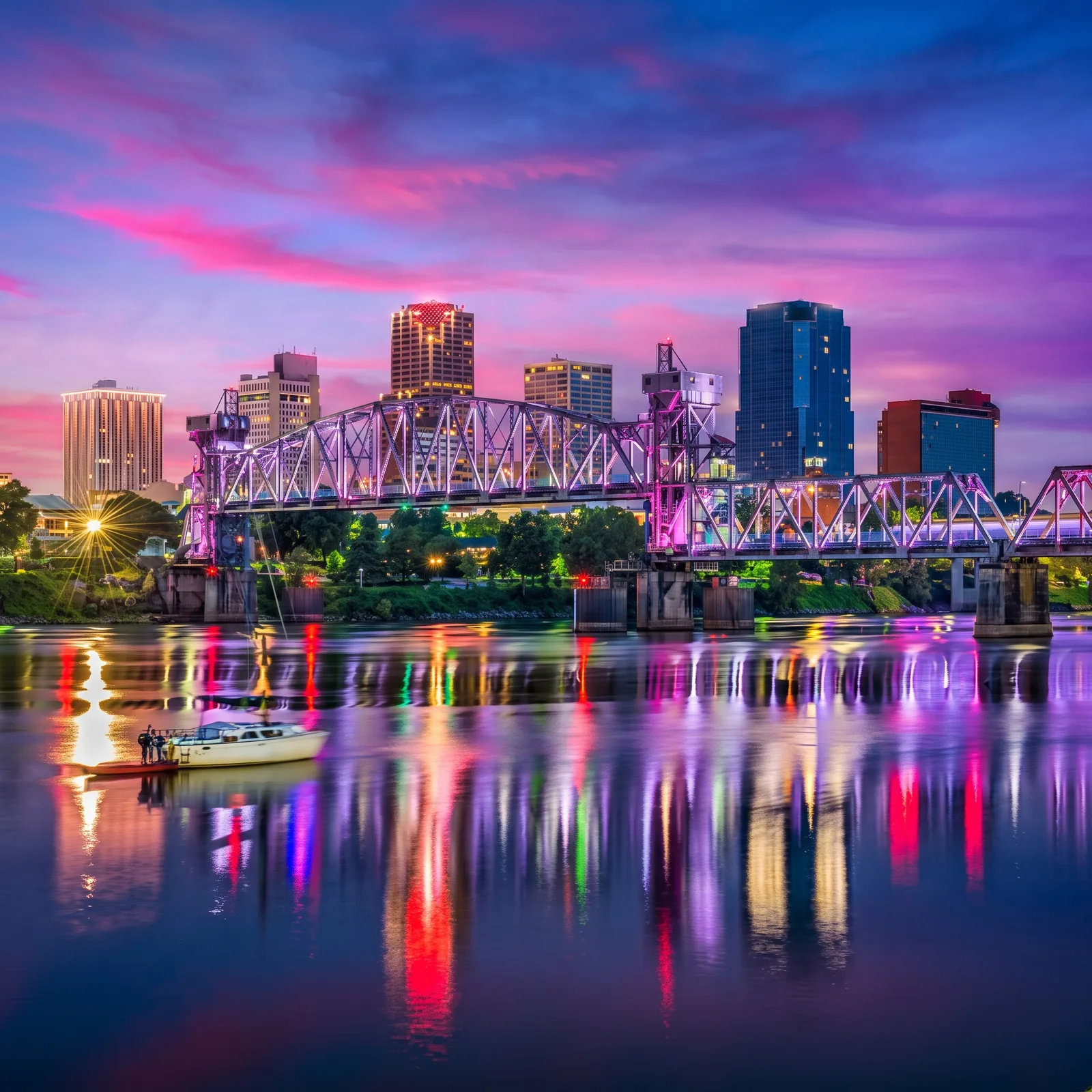 Little Rock, Arkansas skyline and Junction Bridge reflected in the Arkansas River