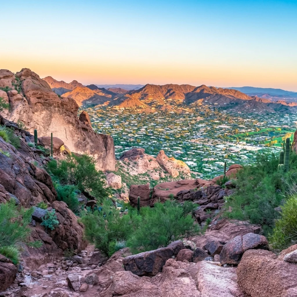 View from the Echo Canyon trail on Camelback Mountain over Phoenix and Paradise Valley at sunset, with saguaro cactus and red rock
