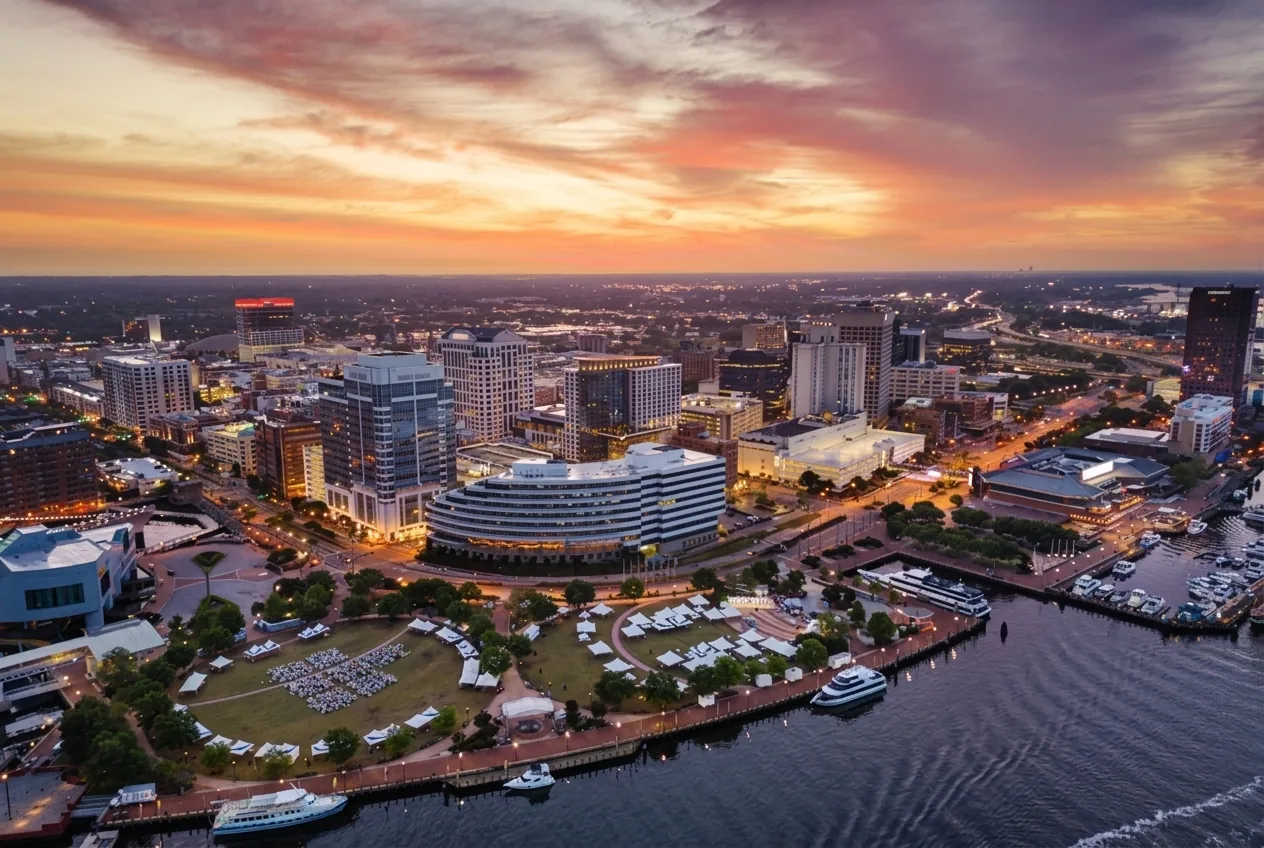 Aerial view of downtown Norfolk and its riverfront park on the Elizabeth River at sunset
