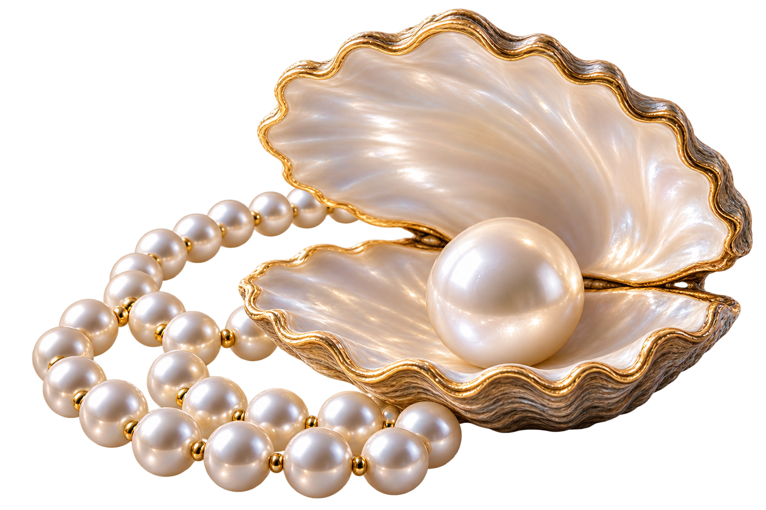 Pearl necklace and open oyster shell representing Connie's Pearls