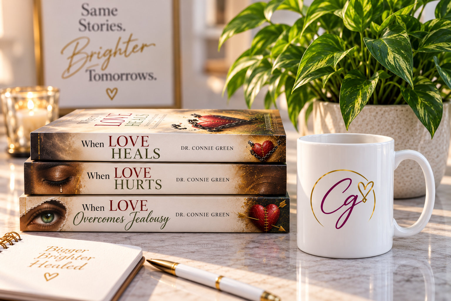 Dr. Connie Green books, mug and plant