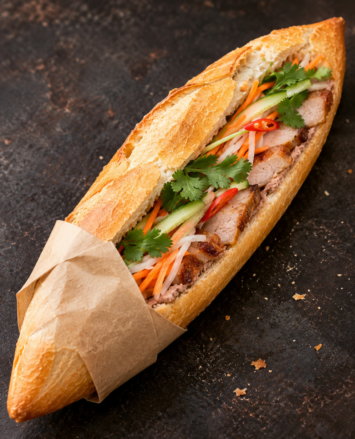 Bánh mì on kraft paper: grilled pork, pickled carrot and daikon, cucumber, cilantro, chilli