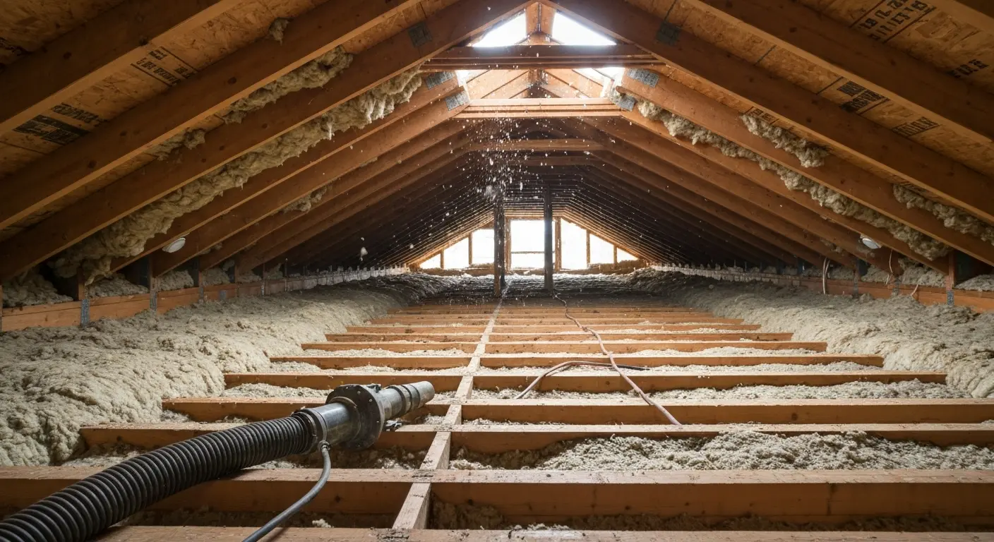 Cellulose insulation blown into attic