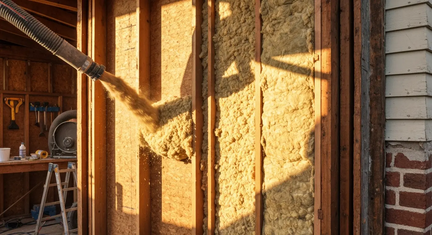 Cellulose insulation being blown into wall cavity