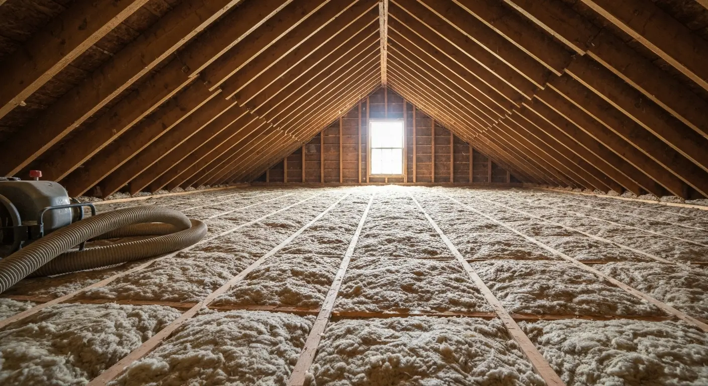 Cellulose insulation being blown into attic