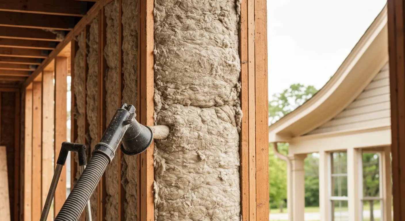 Cellulose insulation being blown into walls