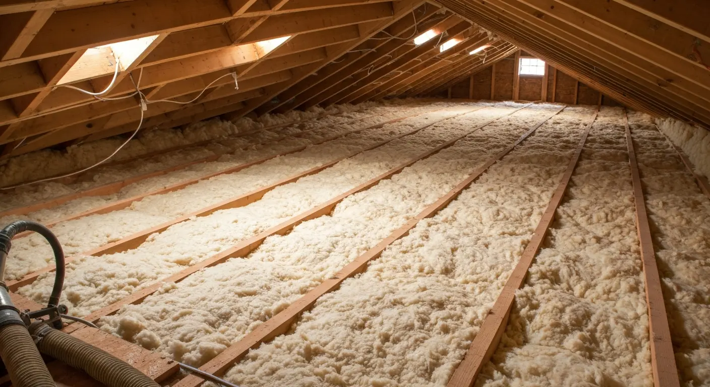 Cellulose insulation being blown into attic
