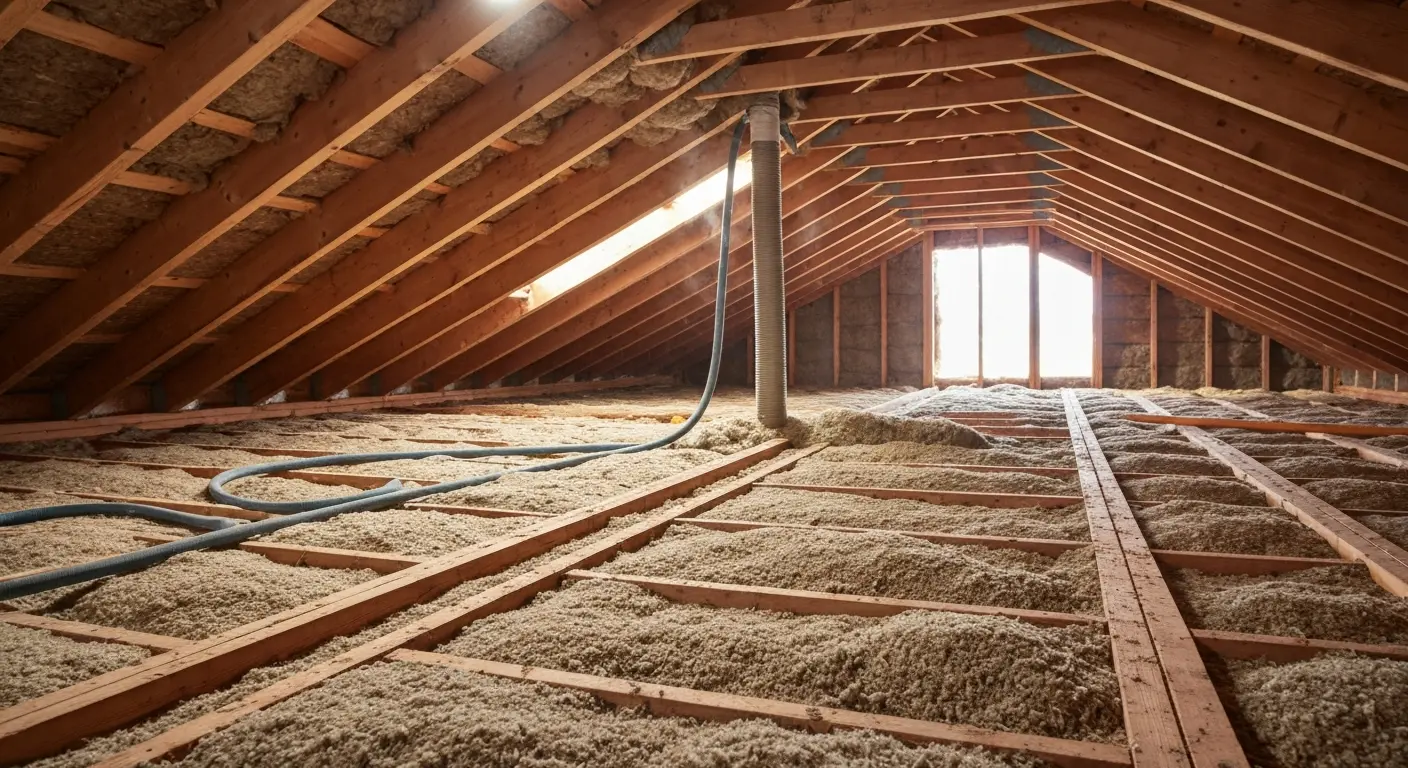 Cellulose insulation being blown into an attic