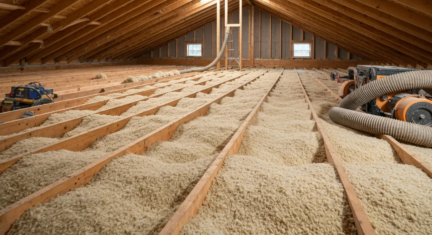 Cellulose insulation being blown into attic