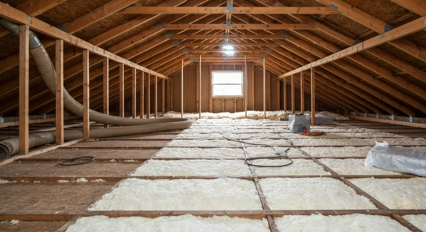 Cellulose insulation being blown into attic