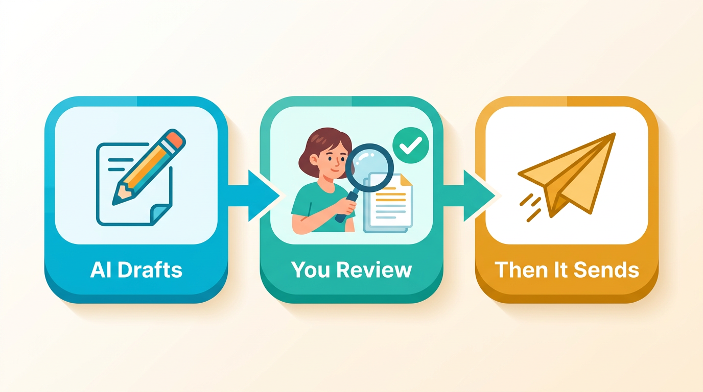 Three-step flow showing the AI drafting, a person reviewing, and then sending