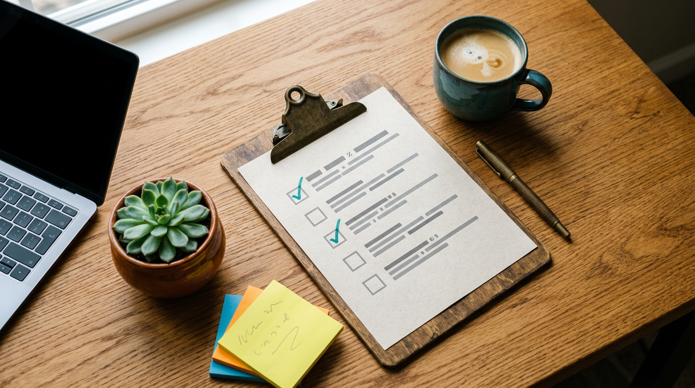 Checklist on a clipboard with coffee and sticky notes for hiring an AI Employee at an MSP