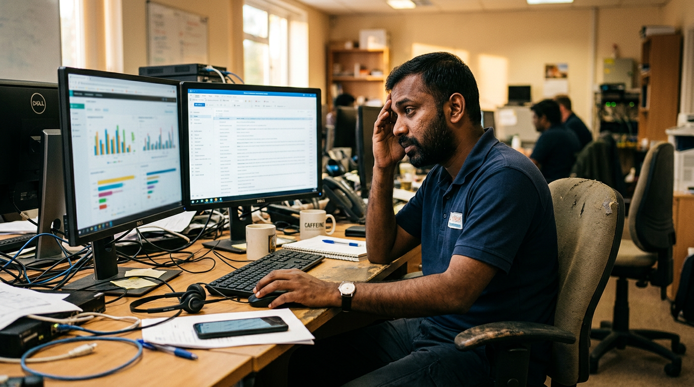 MSP technician managing tickets and admin follow-up at a cluttered desk MSP technician managing tickets and admin follow-up at a cluttered desk