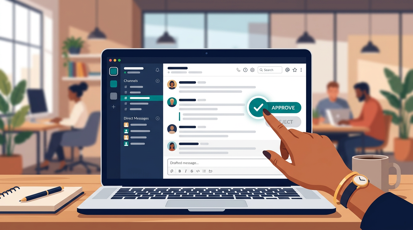 Reviewing and approving an AI employee draft inside a team chat tool Reviewing and approving an AI employee draft inside a team chat tool