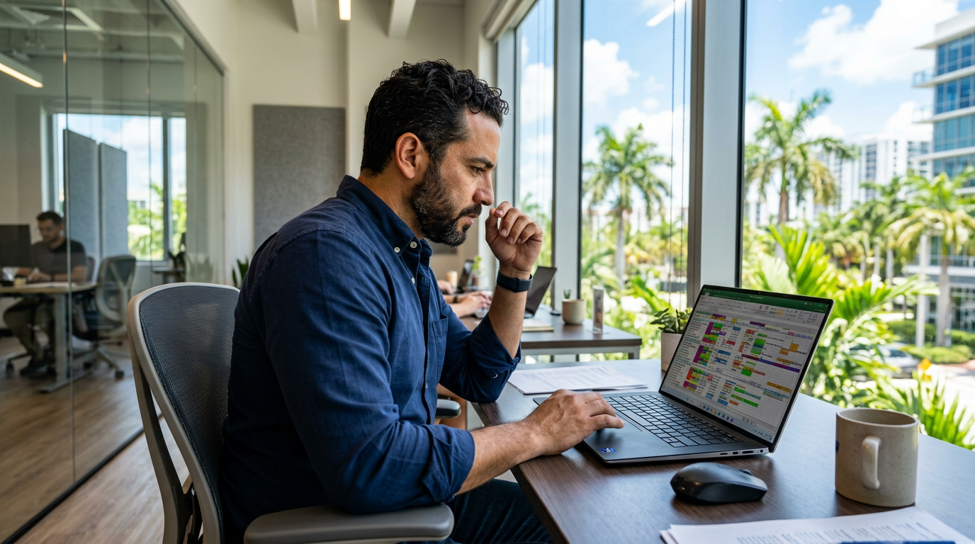 South Florida MSP owner reviewing manual client follow-up tracking