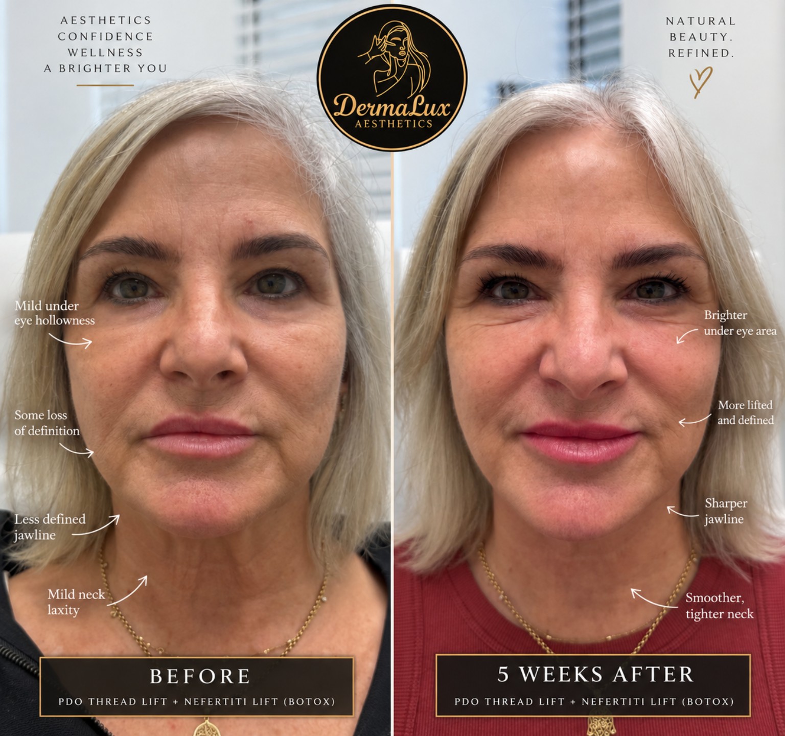 Before and 5 weeks after PDO thread lift and Nefertiti lift with Botox, front view