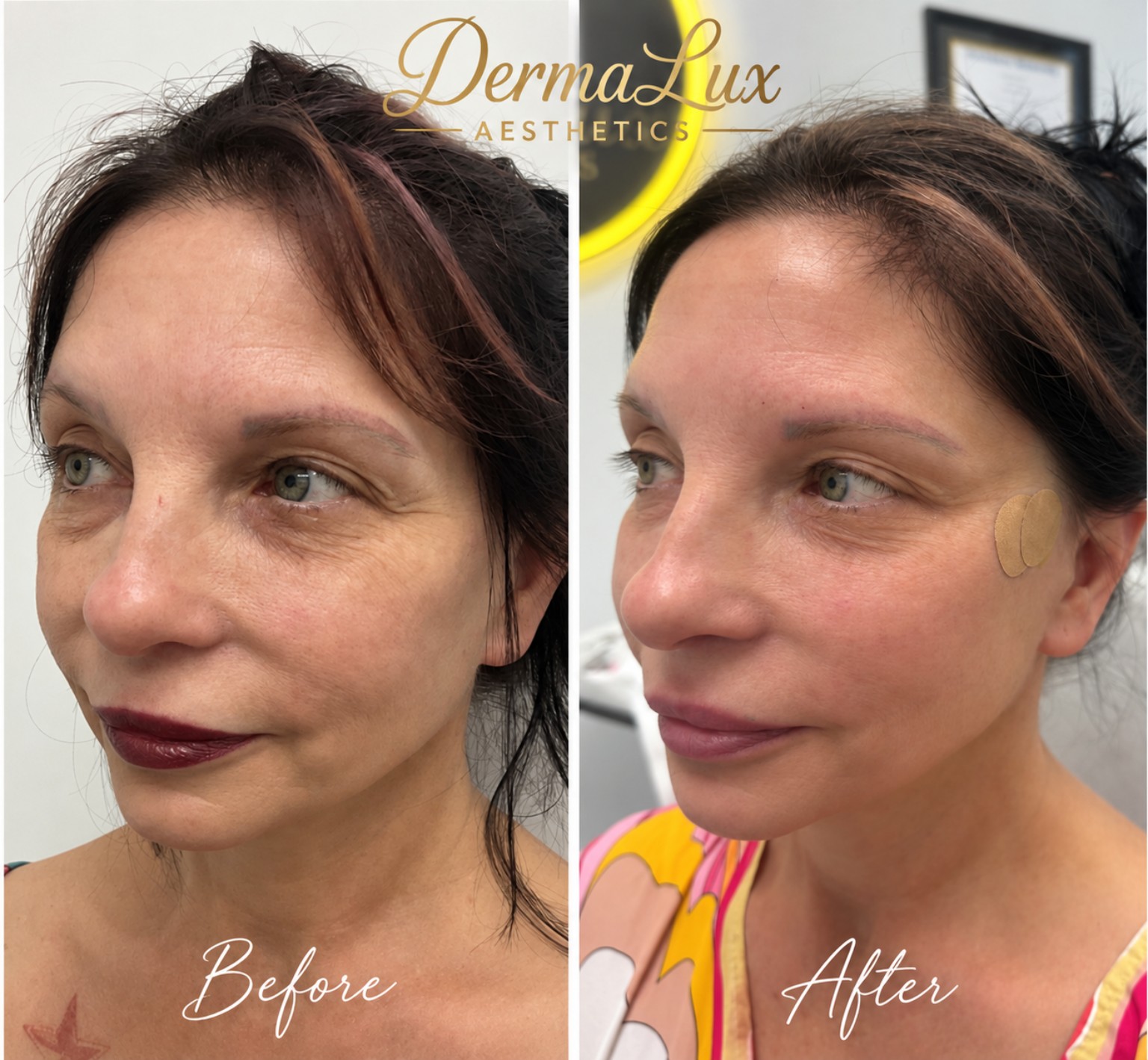 PDO thread lift before and after, three-quarter view